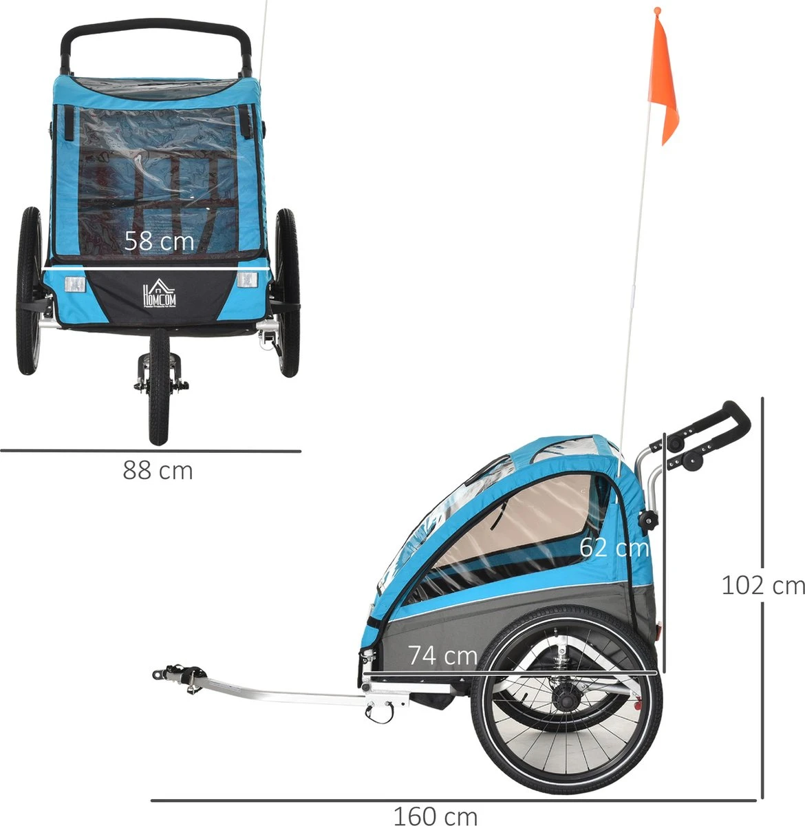 HOMCOM 3-in-1 Kinderaanhanger Jogger Fietskar Voor 2 Kinderen Aluminium 440-018 - Image 2