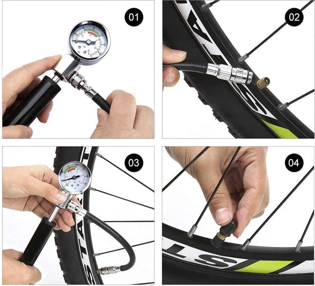 LHP Fietspomp Mini - Analoog Drukmeter - Inclusief Naaldventiel En Fietsbandreparatieset - Image 8