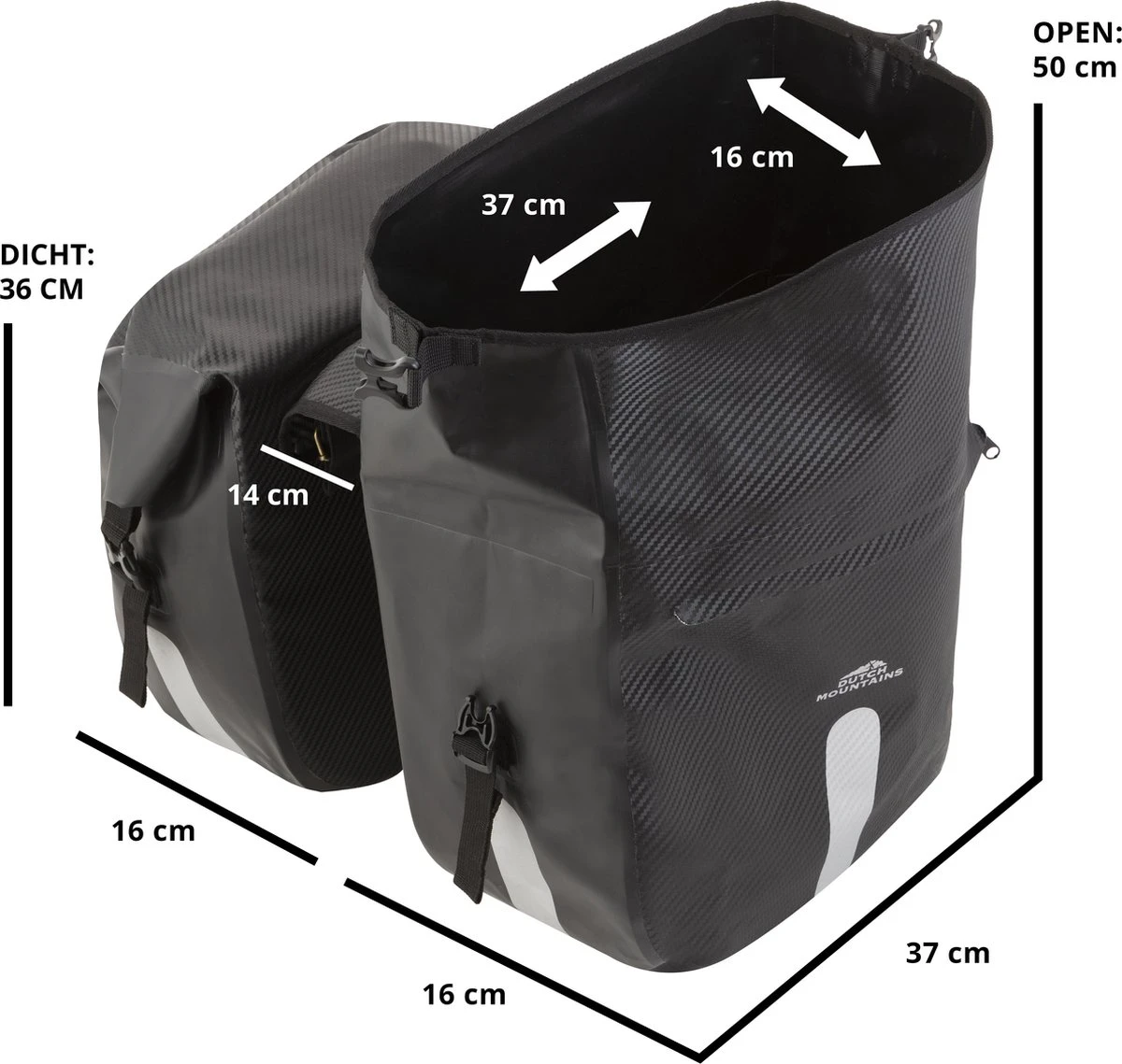 Dutch Mountains Dubbele Fietstas 46 Ltr | 100% Waterdichte Fietstas | Rolltop Sluiting | Reflectoren | Zwart - Image 3