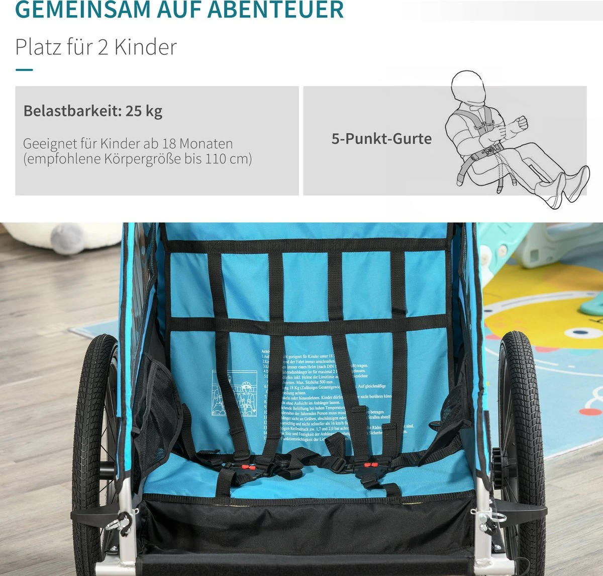 HOMCOM 3-in-1 Kinderaanhanger Jogger Fietskar Voor 2 Kinderen Aluminium 440-018 - Image 9