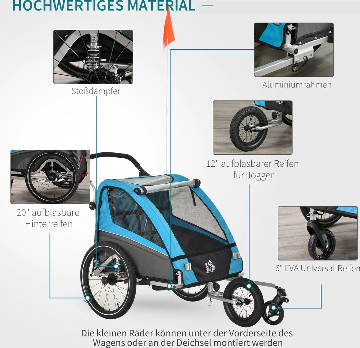 HOMCOM 3-in-1 Kinderaanhanger Jogger Fietskar Voor 2 Kinderen Aluminium 440-018 - Image 3