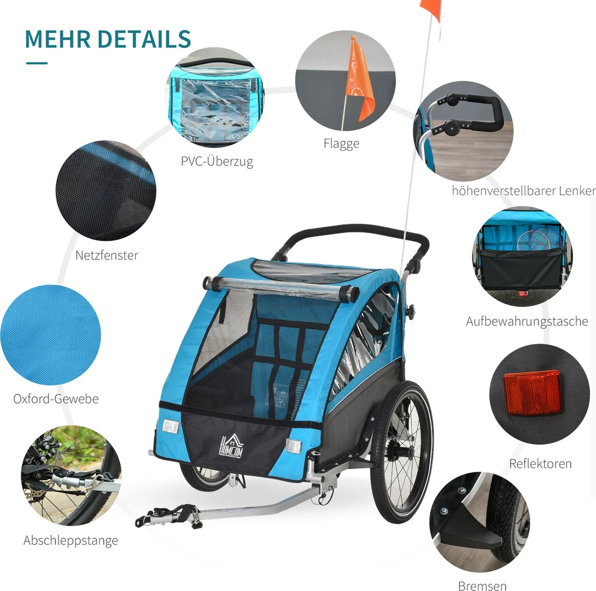 HOMCOM 3-in-1 Kinderaanhanger Jogger Fietskar Voor 2 Kinderen Aluminium 440-018 - Image 8