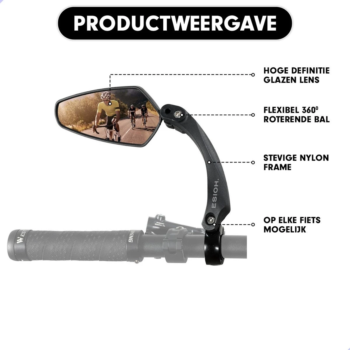 Esioh® Verstelbare Fietsspiegel Rechts Ebike Op Stuur - Achteruitkijkspiegel Fiets – Zijspiegel Fiets 360 ° Draaibaar - Zwart - Image 5