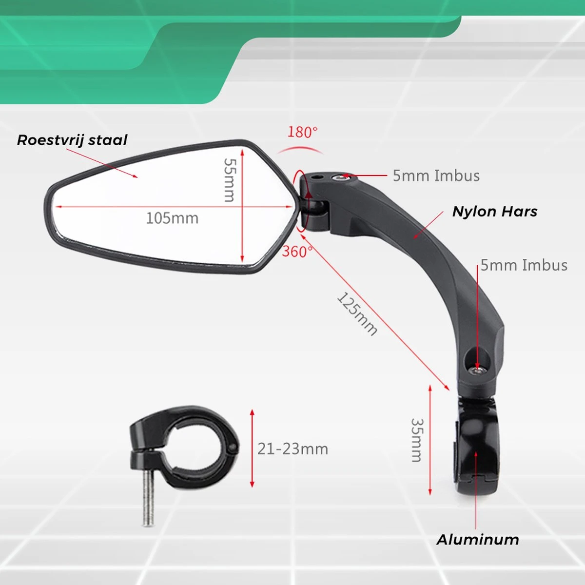 Merkloos Fietsspiegel + Reflectiestrip - Links - E-bike - Verstelbaar 360 Graden - Zwart - Image 2