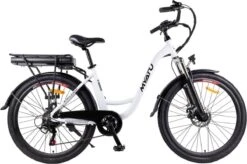 Myatu E-Bike Heren En Dames Lage Instap Met 45 Cm Aluminium Frame, 6 Versnellingen, 250 Wh Afneembare Lithium Batterij 40-80 Km Range, Trekking Ebike Met 1.95 X 26 Inch Wiel (Wit, Urban)